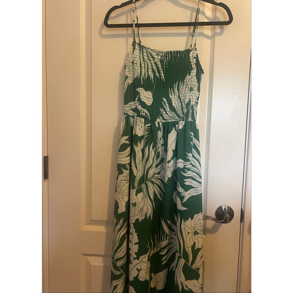 H&M Green Leaf Print Mini Dress Tropical Botanical Summer Dress